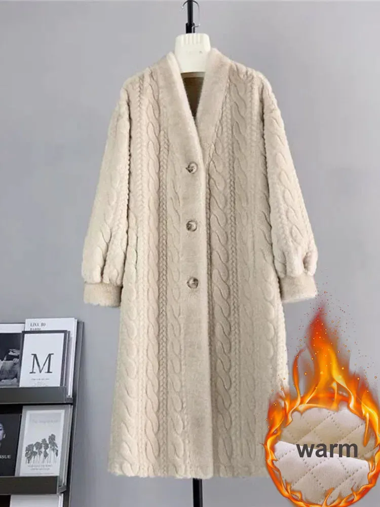 Winter Warm Faux Mink Fur Long Coats Women Korean Thicken Cotton Padded Lined Jackets Single Breasted Loose Rabbit Plus Abrigos