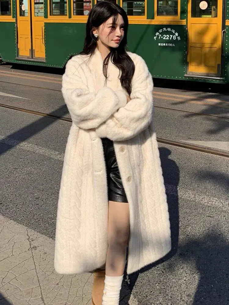 Winter Warm Faux Mink Fur Long Coats Women Korean Thicken Cotton Padded Lined Jackets Single Breasted Loose Rabbit Plus Abrigos