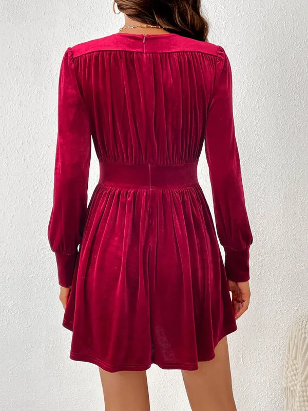 Women's Short A-Line Velvet Dress With Button Corset Detail