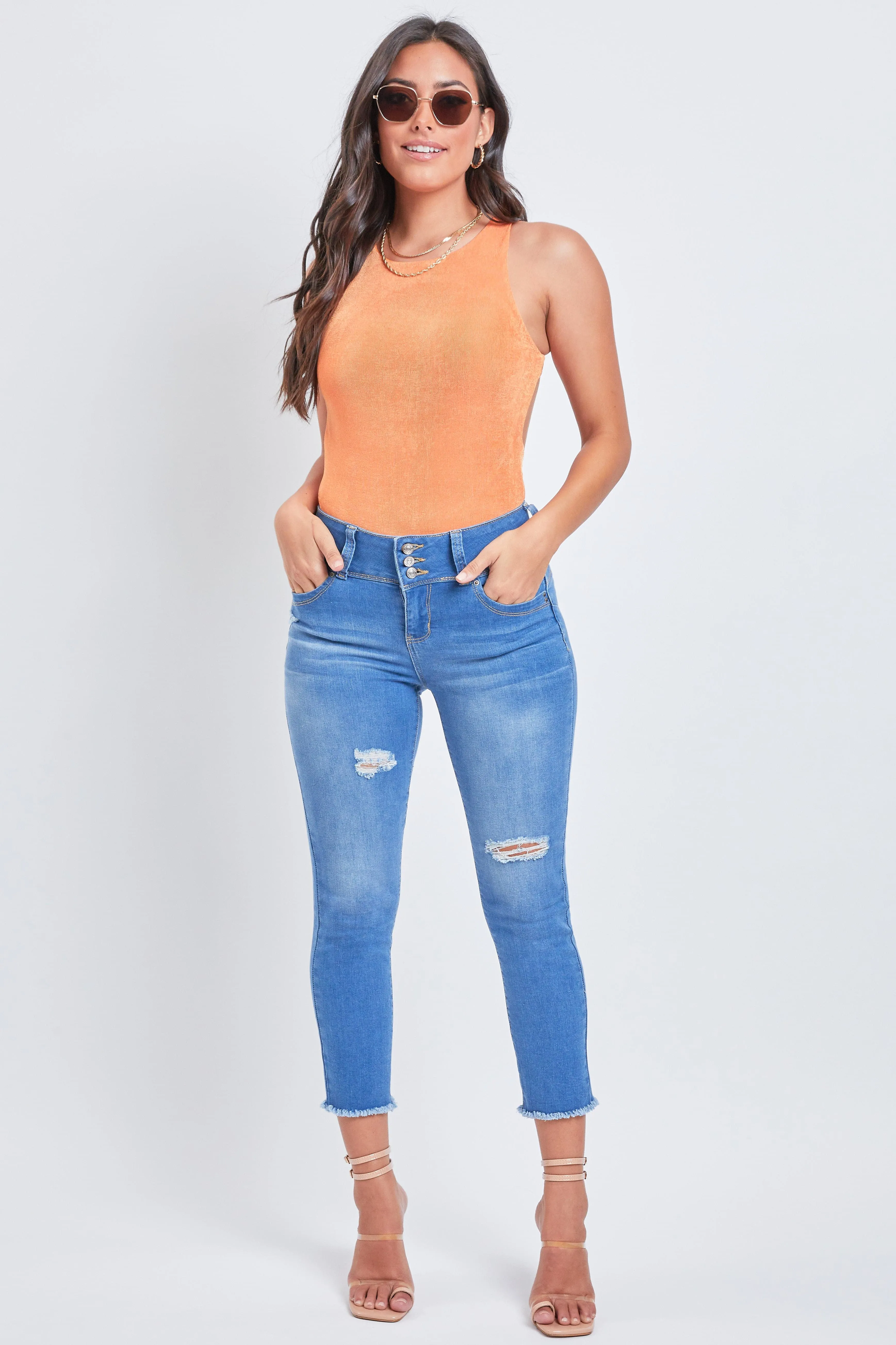Women's WannaBettaButt 3-Button  Fray Hem Flood
